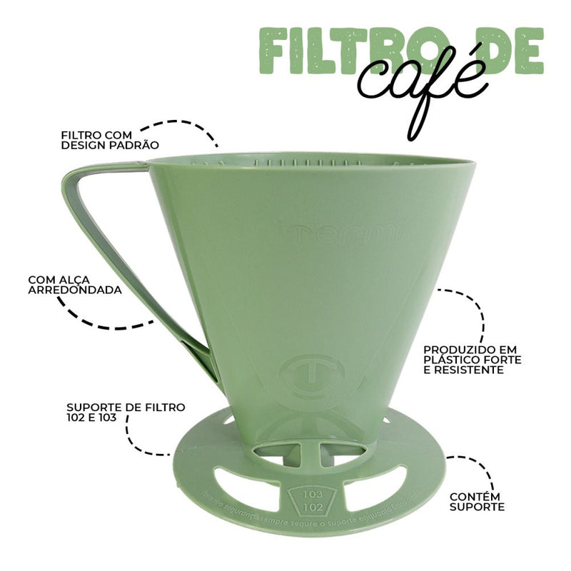 Kit Garrafa Termica Café Prático com Açucareiro com Colher e Suporte para Filtro - Verde