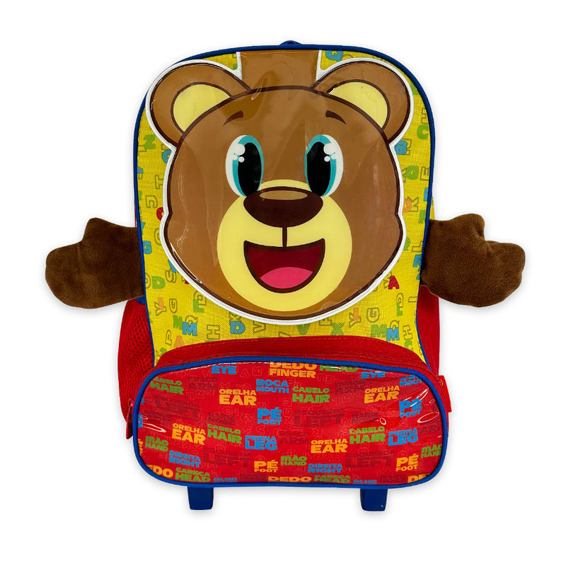 Mochila Infantil Escolar Ursinho Rodinha Amarela e Vermelha