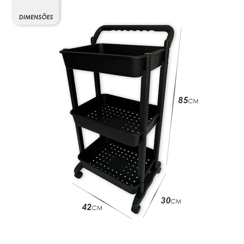 Carrinho Organizador Multiuso 3 Prateleiras Com Rodas Preto